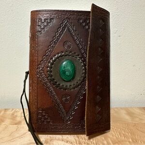 Hand-Tooled Leather Journal w/ Green Stone Accent Tie Closure – Vintage Style